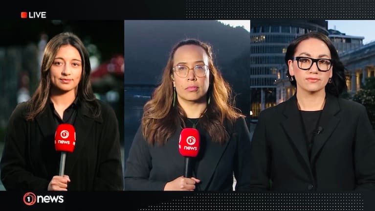 1News reporters Te Aniwa Hurihanganui, Yvonne Tahana and Maiki Sherman prepare to go to air as the Māori King's tangihanga gets underway