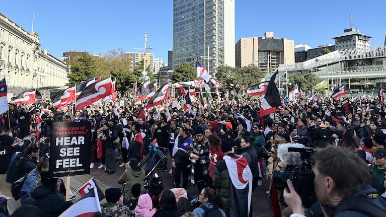 A crowd gathers in Aotea Square in Auckland.