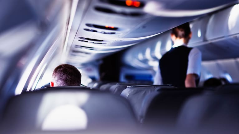 A flight attendant and passenger on board a plane.