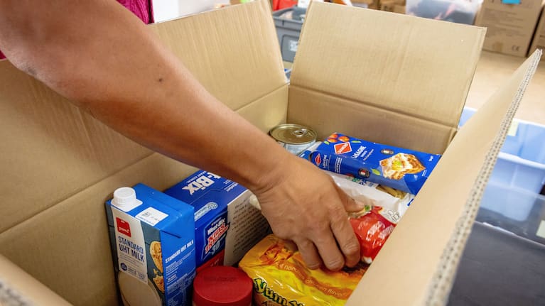 A food box being packed by staff at Presbyterian Support Northern.
