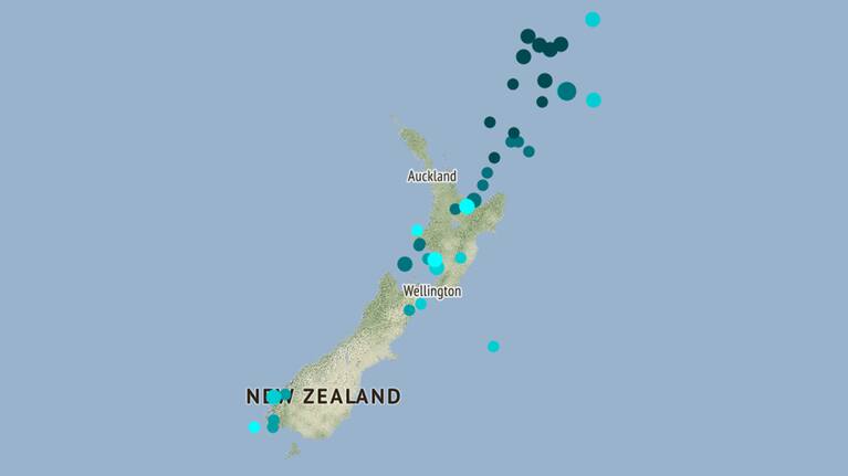 A graphic showing the location of 62 earthquakes which have taken place around New Zealand in the past week (magnitude 3 and above, week ending 3pm, January 27, 2021).