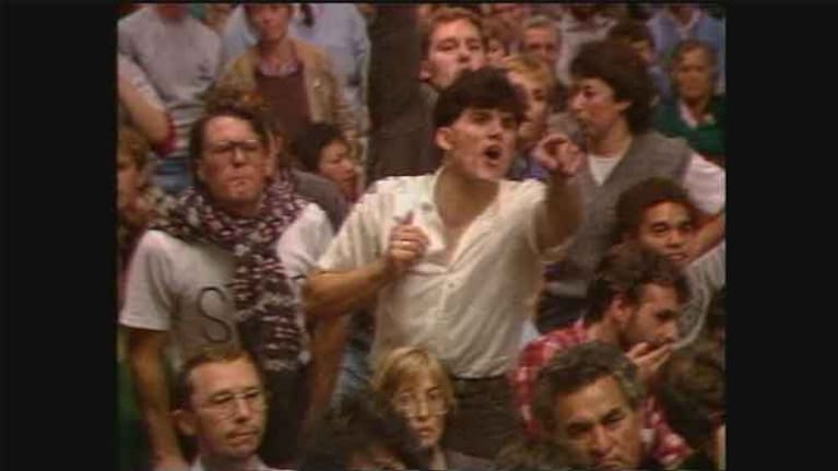 A man points and shouts during a public meeting on the Homosexual Reform Bill.
