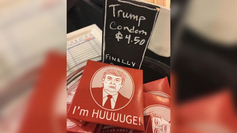 A novelty condom featuring a caricature of Donald Trump's face.
