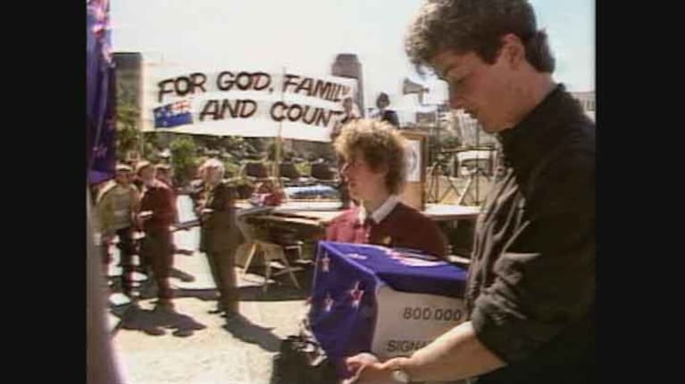 A petition against the Homosexual Reform Bill delivered to the steps of Parliament.