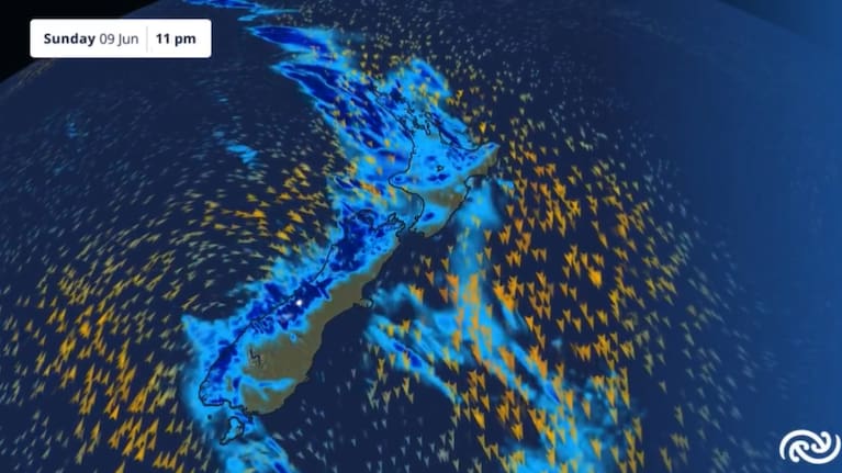 A screenshot of a MetService video showing an active front moving over New Zealand over Sunday and Monday.