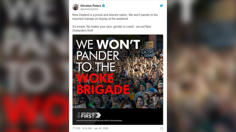A since-deleted tweet by Winston Peters.