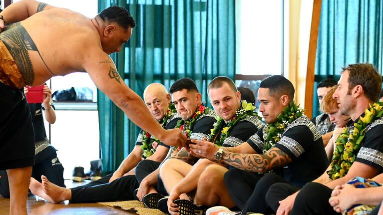 AUCKLAND, NEW ZEALAND - JUNE 24: Aaron Smith of the All Blacks drinks ava during a powhiri and ava ceremony at Bruce Pulman Park on June 24, 2021 in Auckland, New Zealand. (Photo by Hannah Peters/Getty Images)
