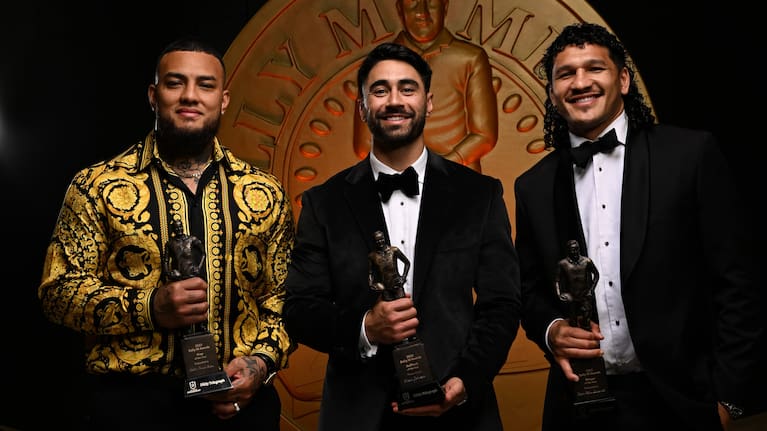 Addin Fonua-Blake, Shaun Johnson and Dallin Watene-Zelezniak pose at the Dally M awards.