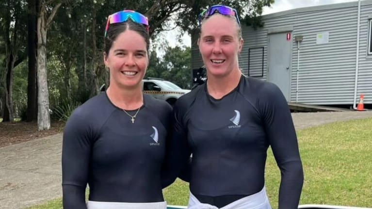 Aimee Fisher and Danielle McKenzie all smiles after qualifying a second New Zealand women's K2-500 boat for the Paris Olympics in Penrith.