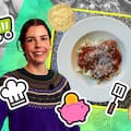 Alice Taylor pictured with her meatballs and noodles (composite image: Vania Chandrawidjaja, 1News)