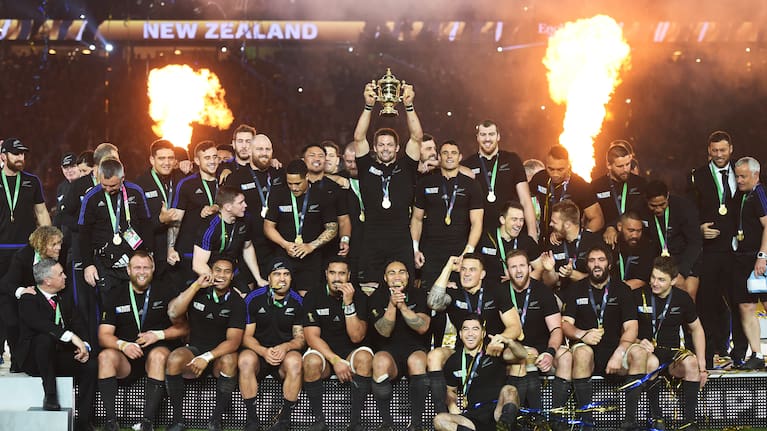 All Blacks captain Richie McCaw holds aloft the William Webb Ellis Cup after winning Rugby World Cup Final. New Zealand All Blacks v Australia Wallabies, Twickenham Stadium, London, England. Saturday 31 October 2015. Copyright Photo: Andrew Cornaga / www.Photosport.nz
