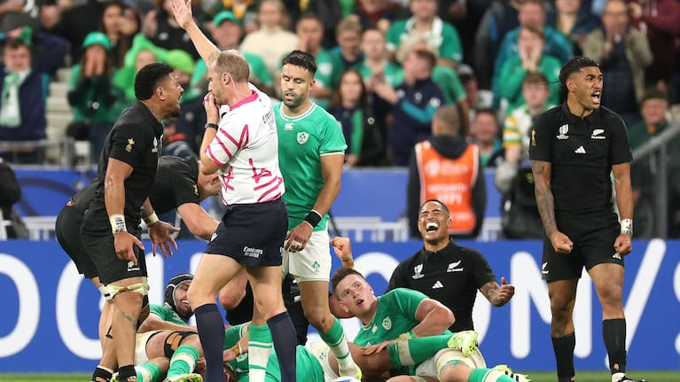 All Blacks, from left, Ardie Savea, Aaron Smith and Rieko Ioane celebrate the final whistle of their epic win over Ireland.
