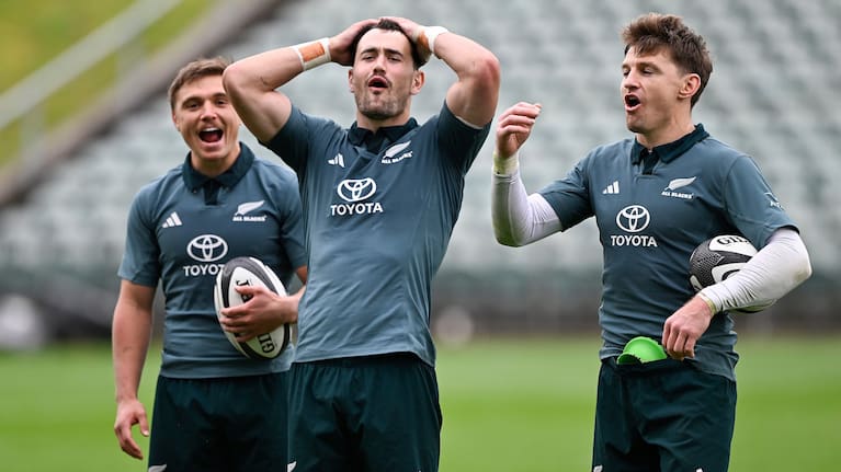 All Blacks, from left, Cortez Ratima, Will Jordan and Beauden Barrett have a little fun at training in Auckland this week.