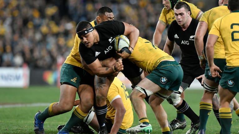 August 19th 2017, ANZ Stadium, Sydney, Australia; The Rugby Championship; Australia versus New Zealand; All Blacks Ofa Tu'ungafasi bursts through the Wallabies tackles; The All Blacks won the game 54-34;
