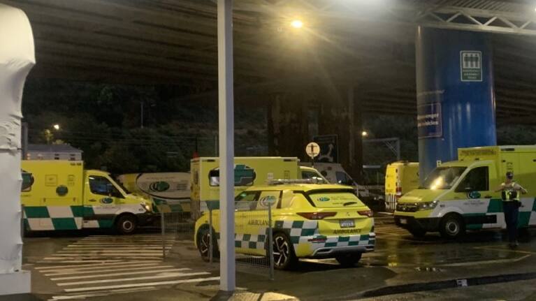 Ambulances waiting for stranded Interislander passengers at the Kaiwharawhara ferry terminal in Wellington.