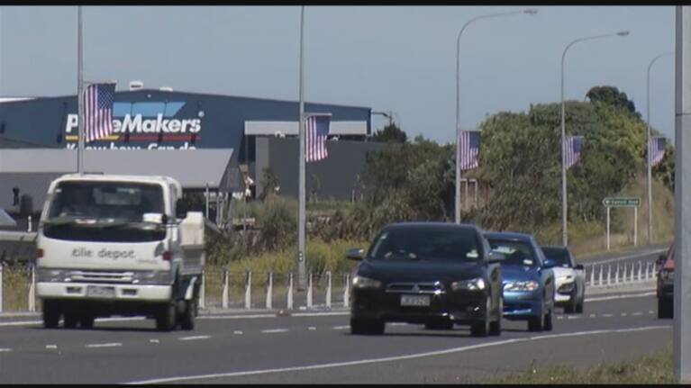 American flags, hung for Americarna, on a New Plymouth road a day before Waitangi Day.