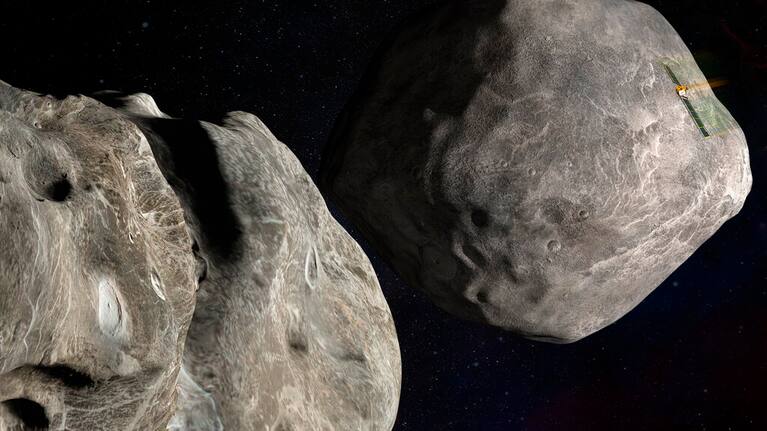An illustration depicts NASA's DART probe, upper right, on course to impact the asteroid Dimorphos, left, which orbits Didymos.