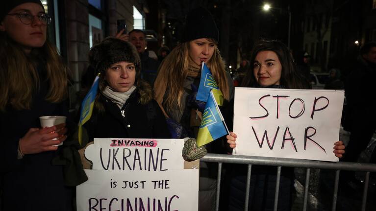 Anti-war protesters outside the Consulate General of the Russian Federation in New York City on February 24, 2022.