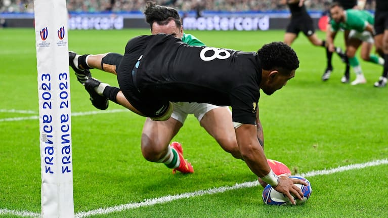 Ardie Savea goes over in the corner for the All Blacks against Ireland.