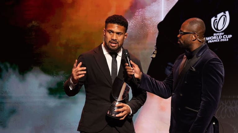 All Blacks No.8 Ardie Savea accepts his World Rugby player of the year award in Paris.