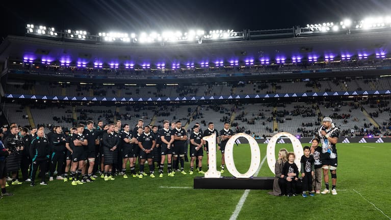 Ardie Savea speaks after being awarded his 100th Test cap for the All Blacks.