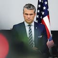 Pete Hegseth addresses a meeting of the Ukraine Defense Contact Group at NATO headquarters in Brussels.