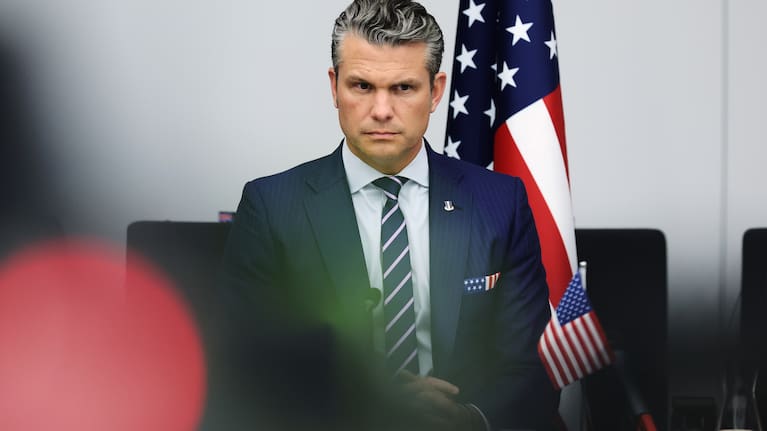 Pete Hegseth addresses a meeting of the Ukraine Defense Contact Group at NATO headquarters in Brussels.