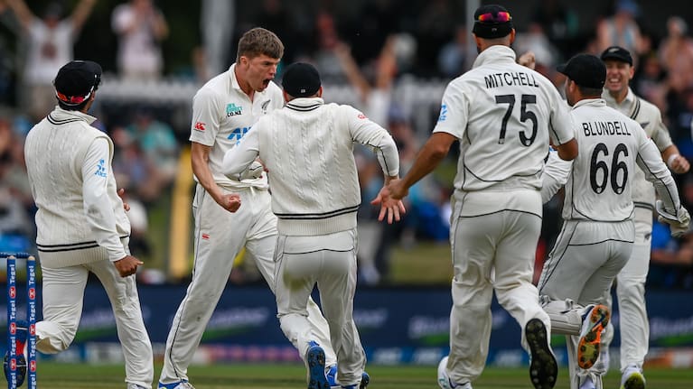 Ben Sears celebrates the dismissal of Mitchell Starc at Hagley Oval.