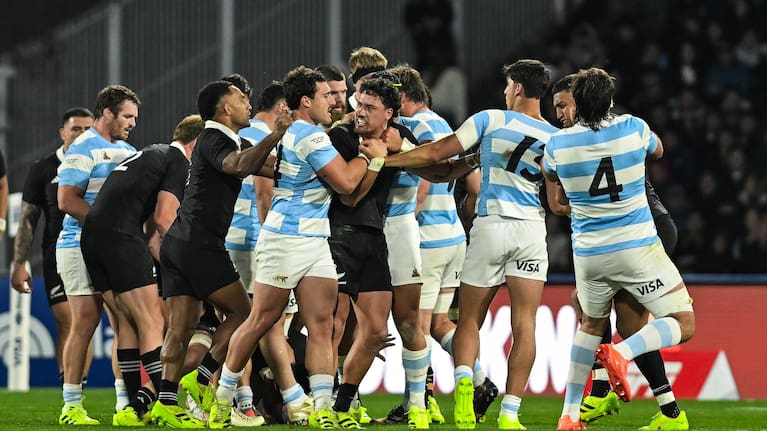 Billy Proctor, centre, is involved in a scuffle with the Pumas during the All Blacks' win.