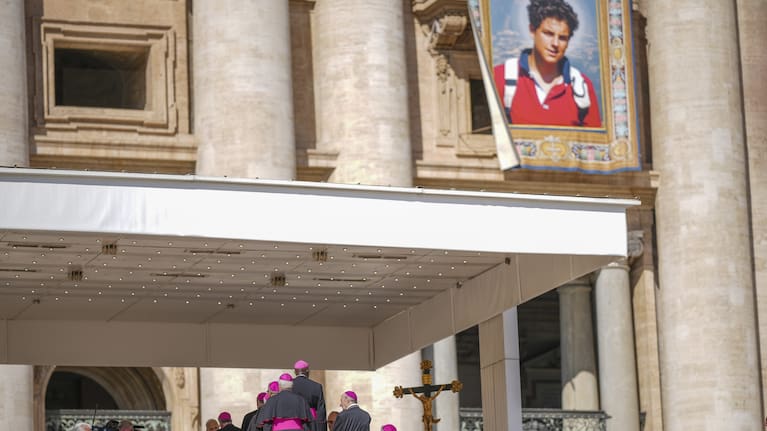 Bishops in St Peter's Square during an open-air jubiliar audiencewith Carlo Acutis' portrait is hanging at top right.