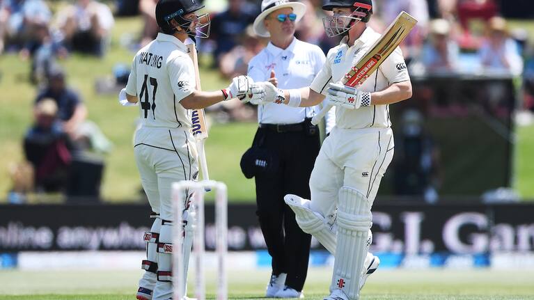 BJ Watling and Henry Nicholls celebrate their 50-run partnership against England