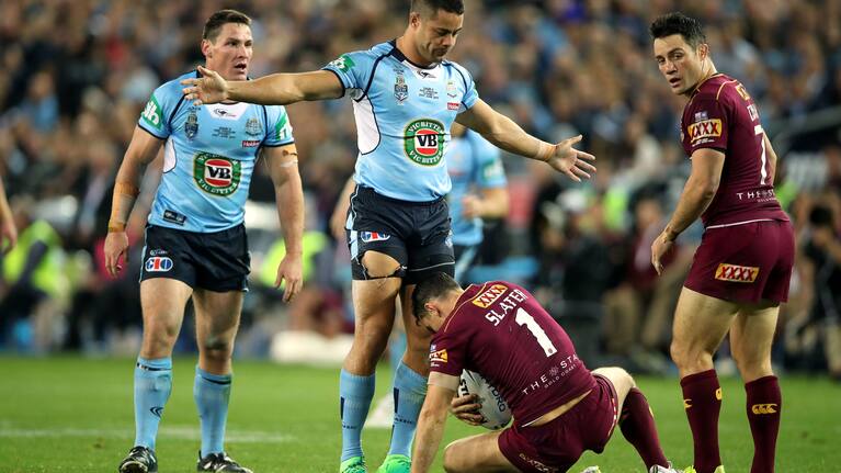 Blues' centre Jarryd Hayne looks over Maroons' fullback Billy Slater during Game II in 2017 of the State of Origin match at ANZ Stadium in Sydney.
NSW v Queensland State of Origin rugby league match at ANZ Stadium, Homebush Australia. Wednesday 21 June 2017. Photo: Paul Seiser / www.photosport.nz