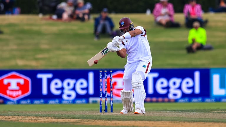 Brandon King of the West Indies during Day 2 in the third match in the series between New Zealand and the West Indies at Bay Oval on December 19, 2025 in Mount Maunganui, New Zealand.