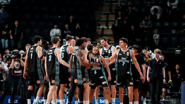 Breakers celebrate during the New Zealand Breakers v Illawarra Hawks NBL Basketball match at Spark Arena.