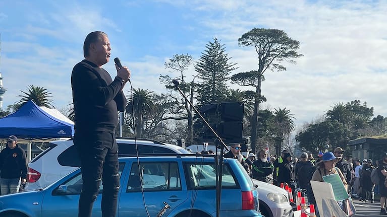 Brian Tamaki speaks at Auckland protest.