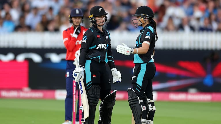 Brooke Halliday and Melie Kerr of New Zealand during the 5th T20I against England at Lord's.