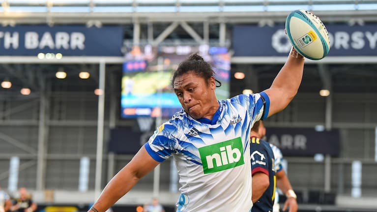 Caleb Clarke celebrates his try against the Highlanders.