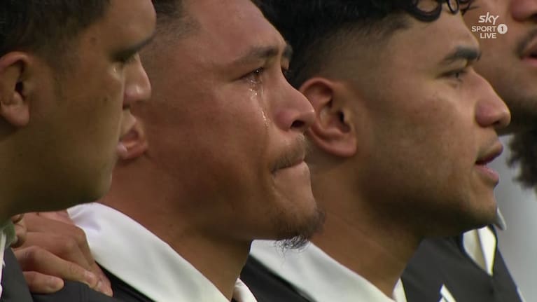 Caleb Clarke visibly emotional as his father Eroni delivered a surprise performance of the national anthem.