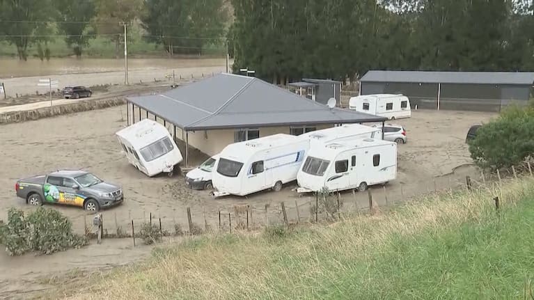 Caravans flipped around after flooding in Napier.