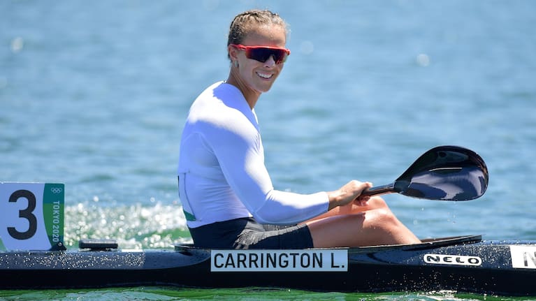 Lisa Carrington smiles after winning the K1 500m final at the Tokyo Olympics.