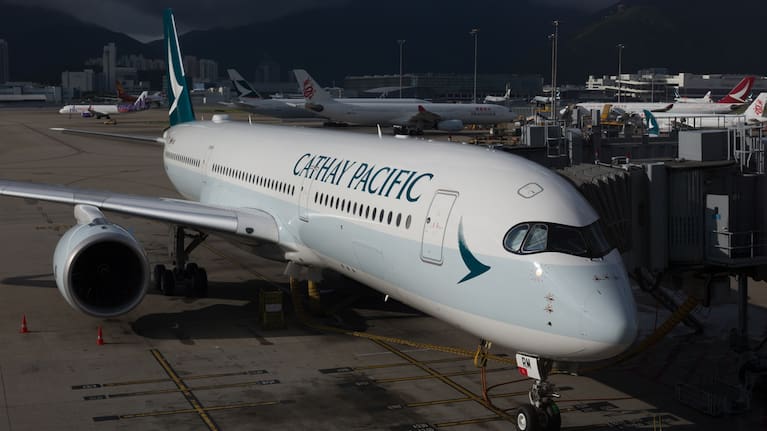 Hong Kong, Hong Kong - August 13, 2017: Cathay Pacific Airbus A350-900 aircraft at the Hong Kong International Airport. The Airbus A350 is the latest-generation aircraft to Cathay Pacific.