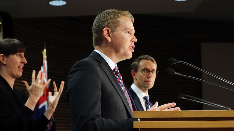 Chris Hipkins and Dr Ashley Bloomfield speak at a news conference