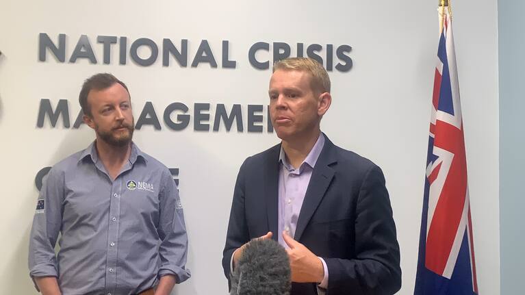 Chris Hipkins and Kieran McAnulty address media at the National Crisis Management Centre, Wellington.