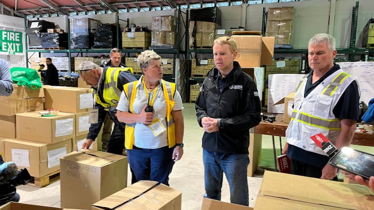 Chris Hipkins at the Civil Defence distribution centre at the Hastings Showgrounds.