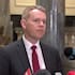 Chris Hipkins speaks to media after final results released.