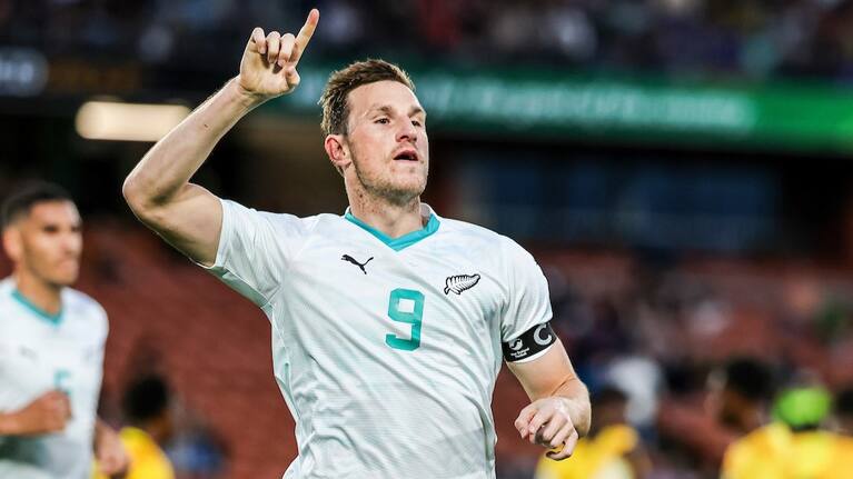 Chris Wood celebrates a goal against Vanuatu.