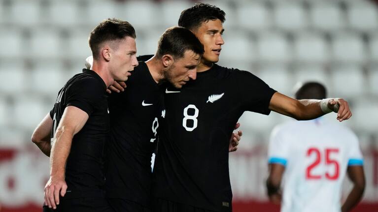 Chris Wood celebrates his goal against the Democratic Republic of Congo.