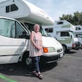 Christine Larsen with her home on wheels at the freedom camping area near the Whakatāne skate park on Tuesday, where there were four other permanent homes on wheels parked.