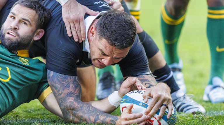 Codie Taylor scores the All Blacks' first try at Ellis Park.