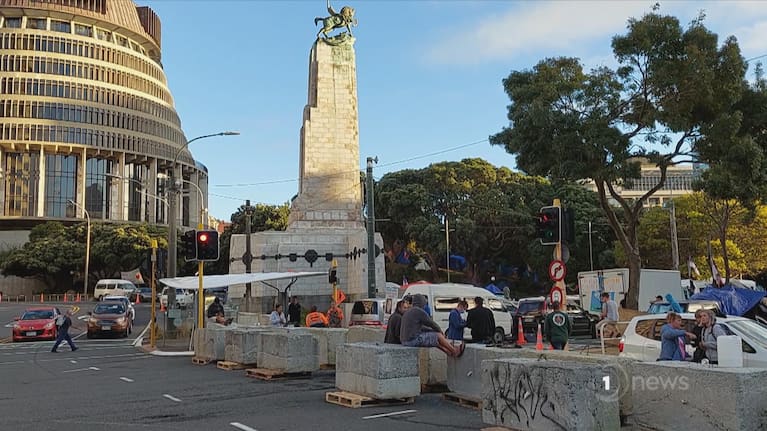 Concrete barriers installed near the protest at Parliament on February 21.
